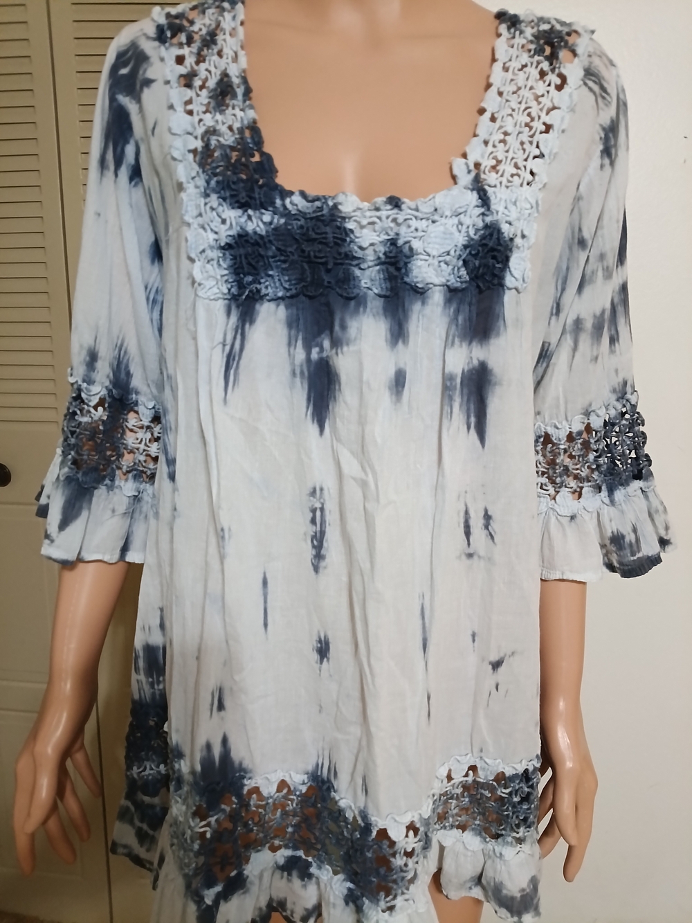 Boho Tie-Dye Crochet Trim Women's Blouse - Blue